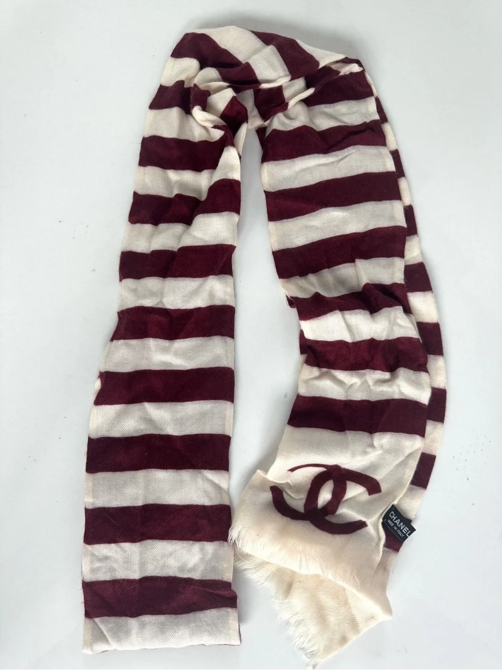 CHANEL Cashmere Burgundy and Cream Striped Logo Scarf 2009-2010 cruise collectio